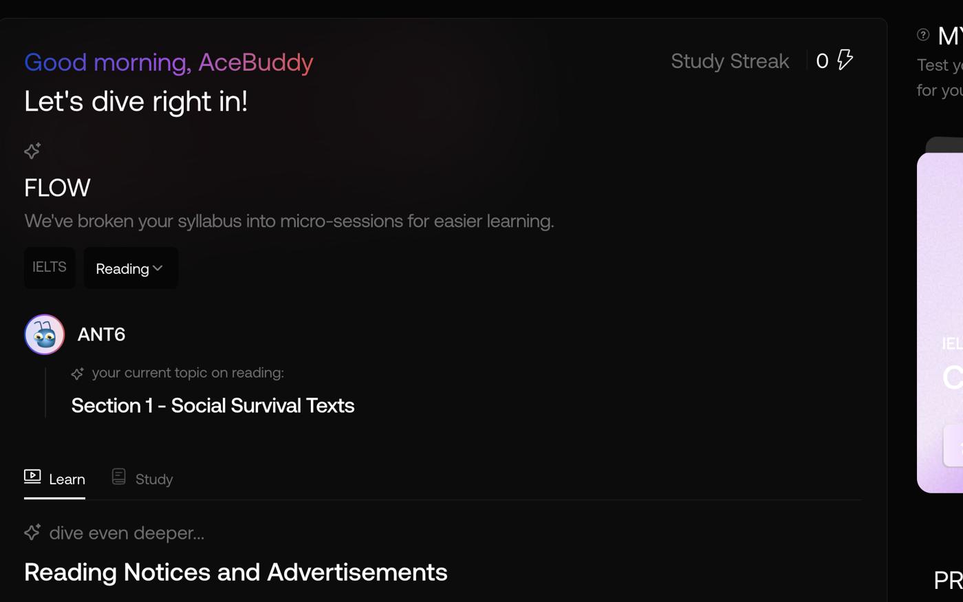 AceBuddy’s study home with the Flow micro-sessions